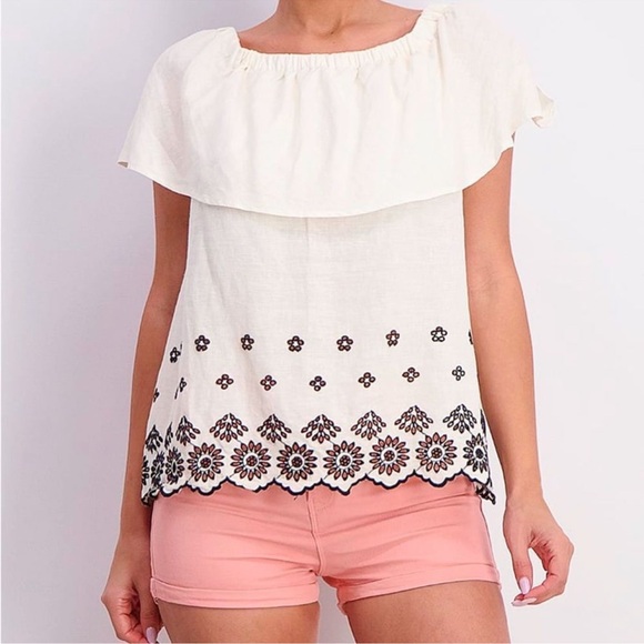 Old Navy Tops - Old Navy cold shoulder embroidered linen ruffle top w/ cutwork white black Sz M